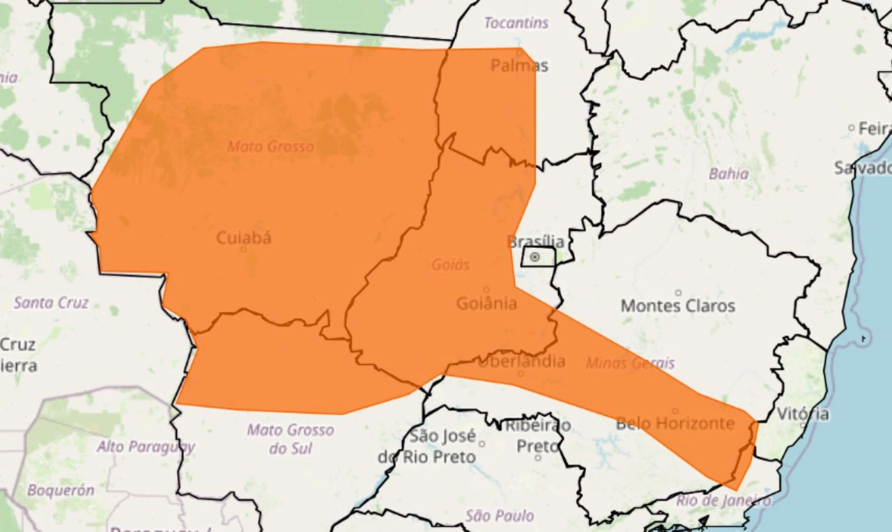 Trata-se de um alerta laranja para chuvas e ventos intensos em parte das regiões Norte, Centro-Oeste e Sudeste